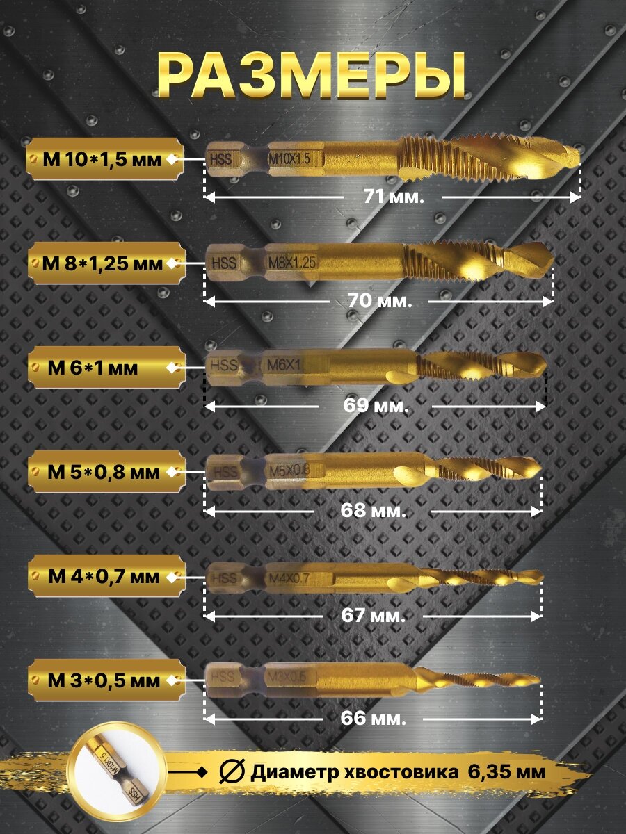 Набор сверл-метчиков с титановым покрытием с шестигранным хвостовиком из быстрорежущей стали 6шт.
