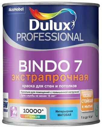 DULUX BINDO 7 краска для стен и потолков, износостойкая, матовая, белая, Баз BW (1л)_NEW