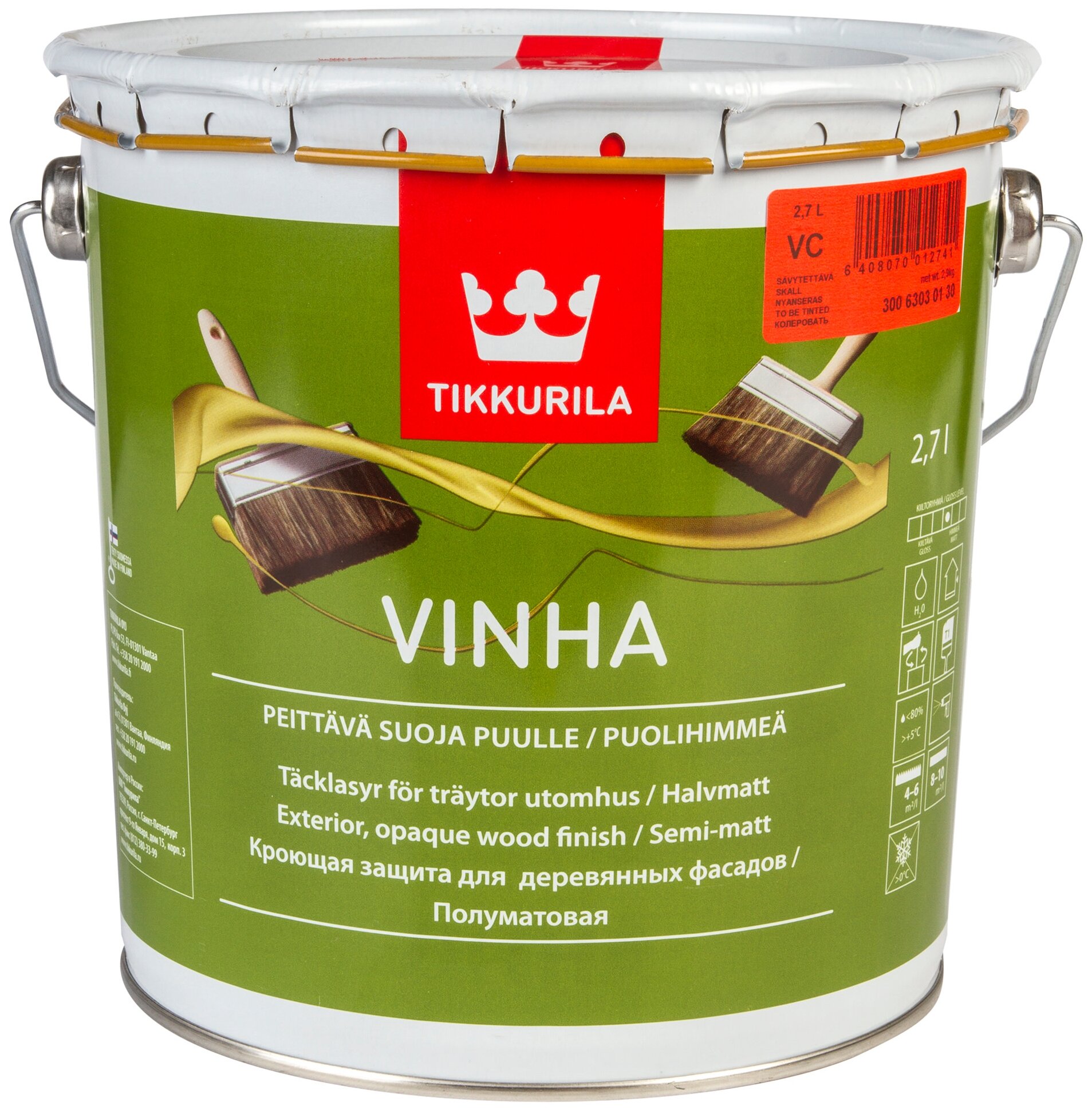 Tikkurila Vinha кроющий антисептик для древесины водорастворимый (под колеровку, полуматовый, база VVС, 2,7 л)