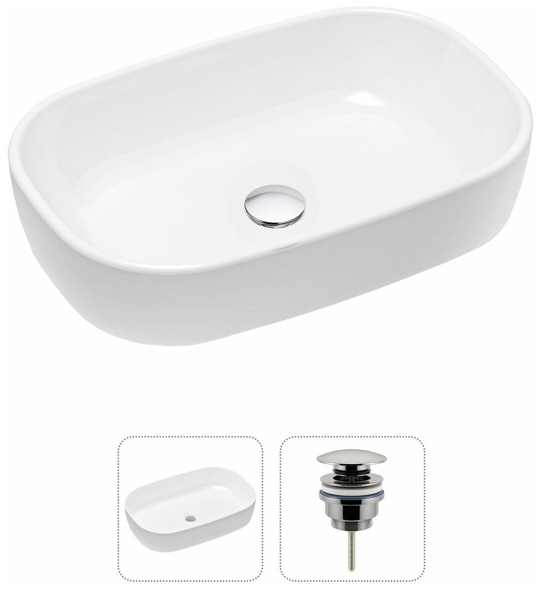 Накладная раковина в ванную Lavinia Boho Bathroom Sink Slim 21520799 в комплекте 2 в 1: умывальник белый, донный клапан в цвете хром