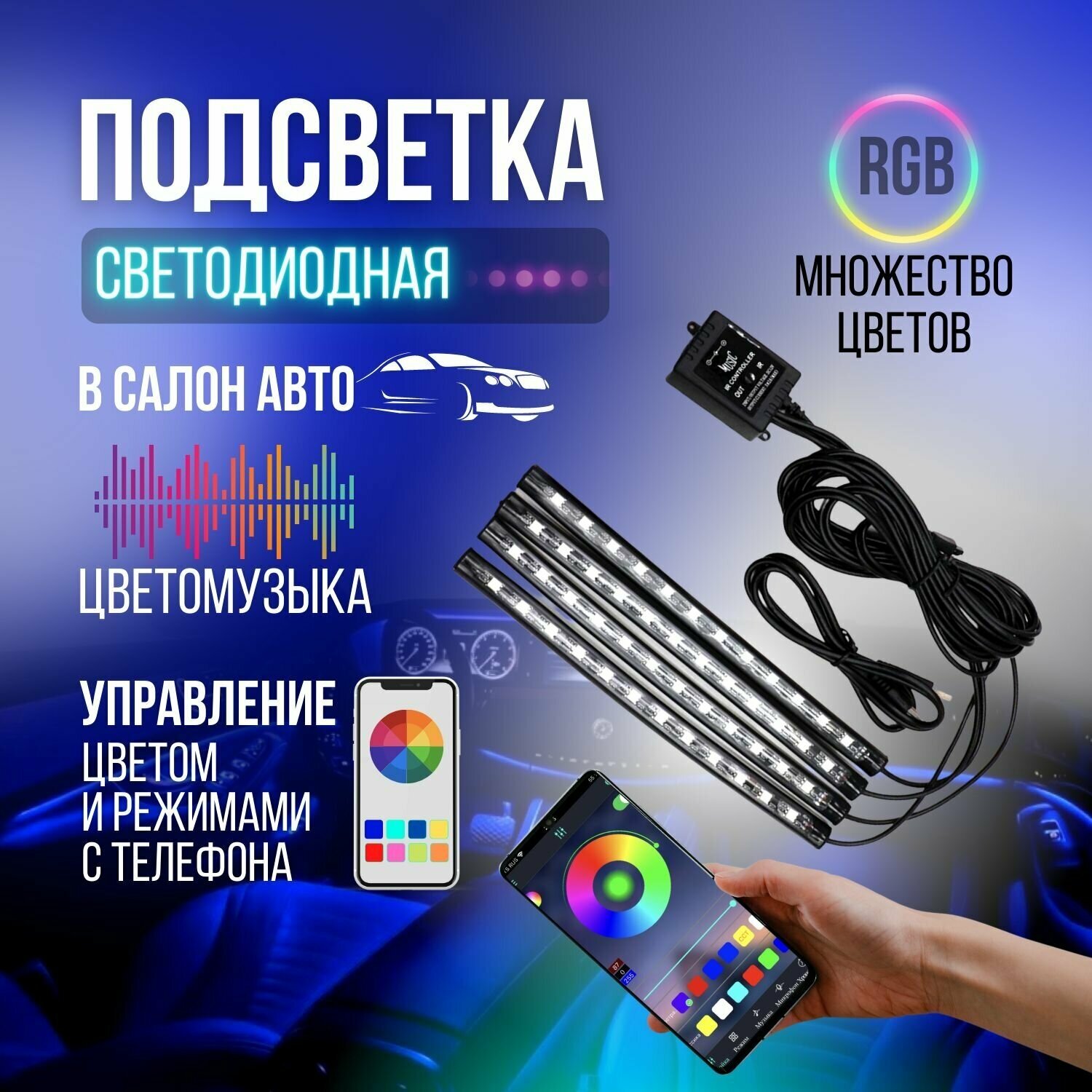 Подсветка салона автомобиля диодная лента c питанием от USB управление с телефона