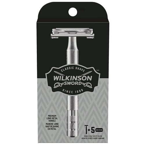 Т-образная бритва Wilkinson Sword Classic Double Edge Premium, серебристый, сменные лезвия 1 шт. wilkinson sword бритвенный станок wilkinson sword hydro 5 c 1 кассетой с подставкой