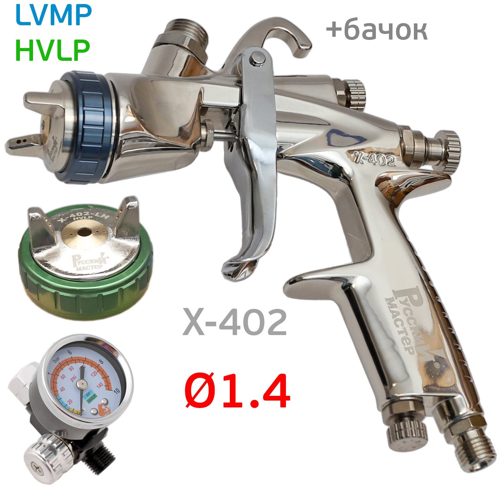 Краскопульт дюза 1,4 мм верх/б 0,6 л X-402-BL Premium система LVMP Русский Мастер русский мастер РМ-53166 | цена за 1 шт