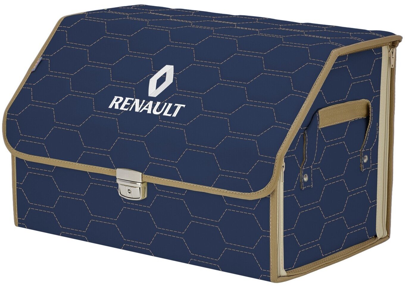 Органайзер-саквояж в багажник "Союз Премиум" (размер L). Цвет: синий с бежевой прострочкой Соты и вышивкой Renault (Рено).