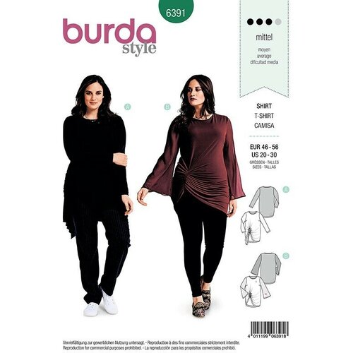 Выкройка BURDA № 6391 Пуловер, туника (большие размеры) выкройка butterick 6247 туника пуловер