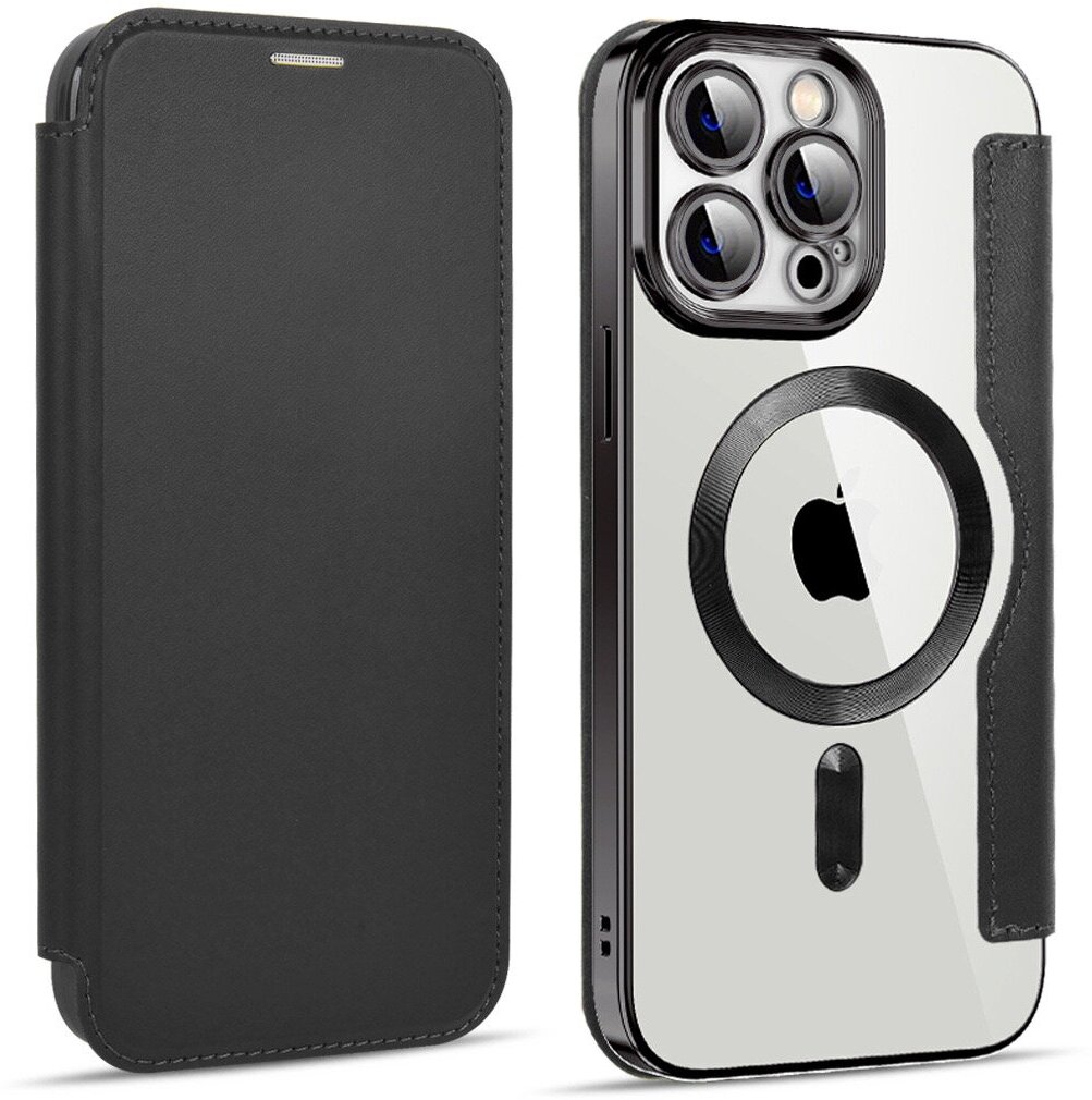 Чехол-книжка Mocome Magnetic для iPhone 13 pro (айфон 13 про) с MagSafe (магсейф) искусственная кожа черный