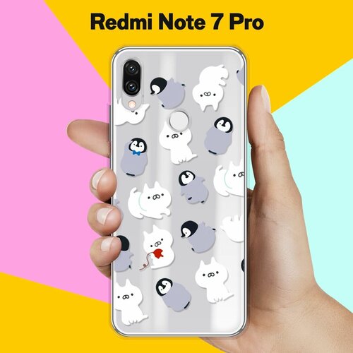 Силиконовый чехол Котики и пингвины на Xiaomi Redmi Note 7 Pro силиконовый чехол на realme 7 pro реалми 7 про шкодливые котики прозрачный