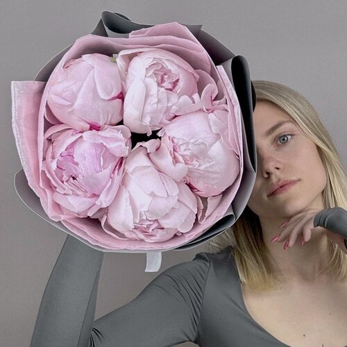 Изображение товара Монобукет "Сара Бернар", пионы, на стеблях, матовая пленка, атласная лента