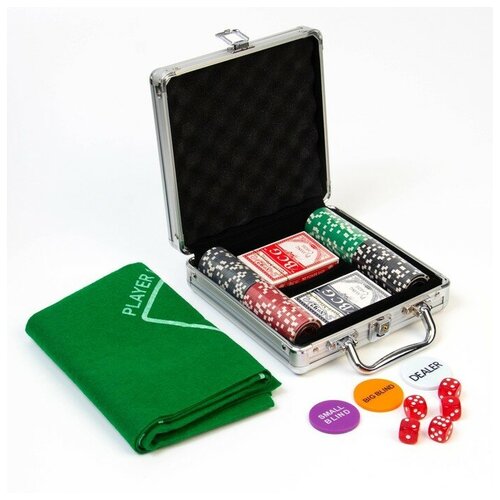 Покер в металлическом кейсе (100 фишек, 5 кубиков, 2 колоды карт), с номиналом, 49 х 25 см 9225154