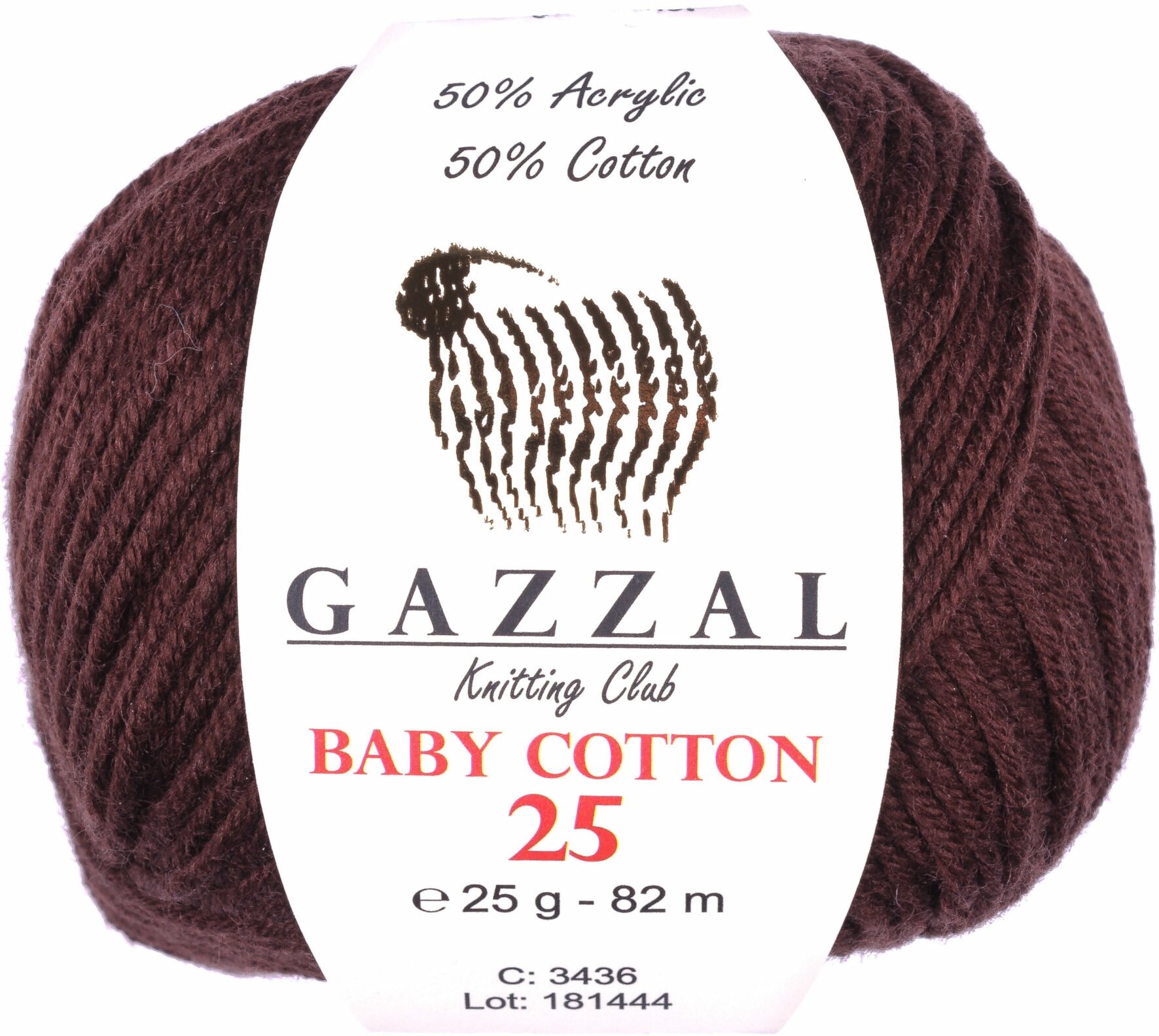 Пряжа Gazzal Baby Cotton 25 темный шоколад (3436), 50%хлопок/50%акрил, 82м, 25г, 1шт