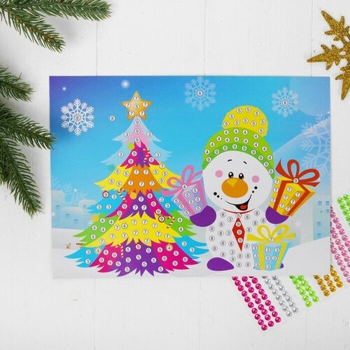 Аппликация стразами КНР круглыми Снеговик с елкой