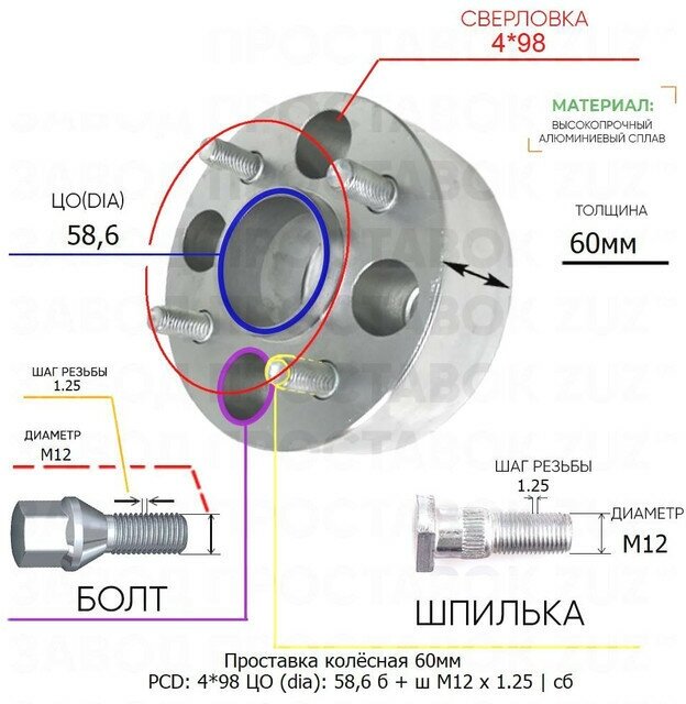 Проставка колёсная 1 шт 60мм 4*98 ЦО 58,6 Крепёж в комплекте Болт + Шпилька М12*1,25 ступичная с бортиком для дисков 1 шт на ступицу 4x98 4х98