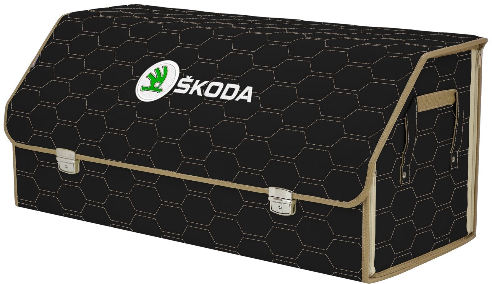 Органайзер-саквояж в багажник "Союз Премиум" (размер XXL). Цвет: черный с бежевой прострочкой Соты и вышивкой Skoda (Шкода).
