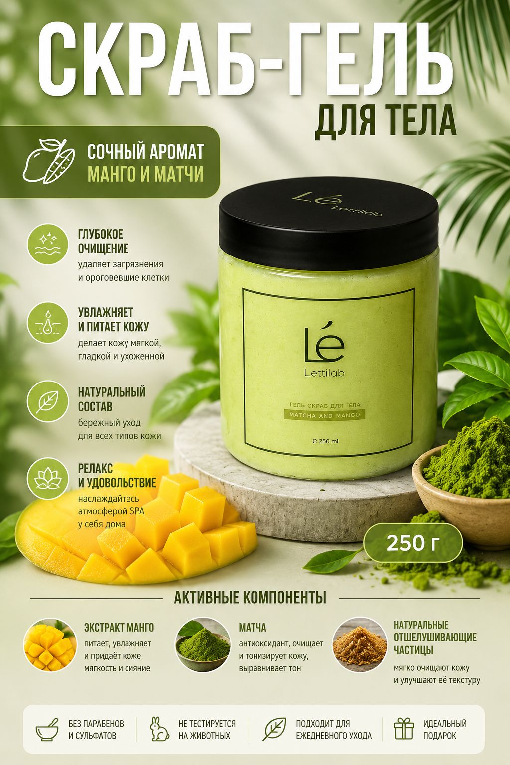 Гель-скраб для тела "Матча и манго". Lettilab charm de la nature