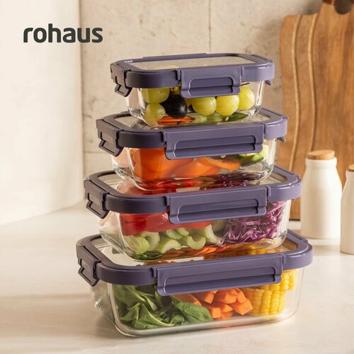 Набор стеклянных контейнеров для еды Rohaus с крышкой 4 штуки 370мл 650мл 1000мл 1500мл 2142₽