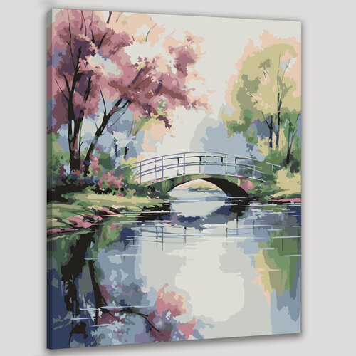 Изображение товара Картина по номерам 40x50 см, импрессионизм, акварель, мост, река, вода, деревья, цветы, композиция, глубина, свет