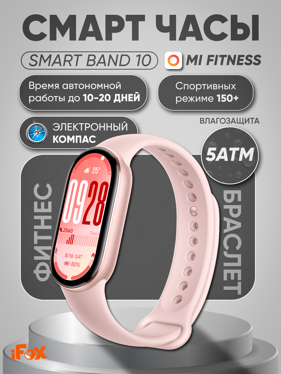 Xiaomi Smart Band 10 — 1,72″ AMOLED, 1500 нит, 60 Гц, до 21 дня, 5 ATM, 150+ режимов, SpO₂/Пульс, Bluetooth 5.4, pink