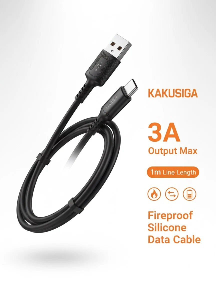 Кабель KAKUSIGA, USB-A - Type-C, 1м, силиконовый, огнестойкий, чёрный