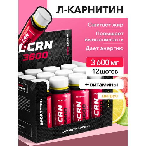 Л-карнитин 3600 SPORTTECH, цитрусовый микс, 12 шотов по 60мл, жиросжигание, похудение, сушка, энергия, выносливость