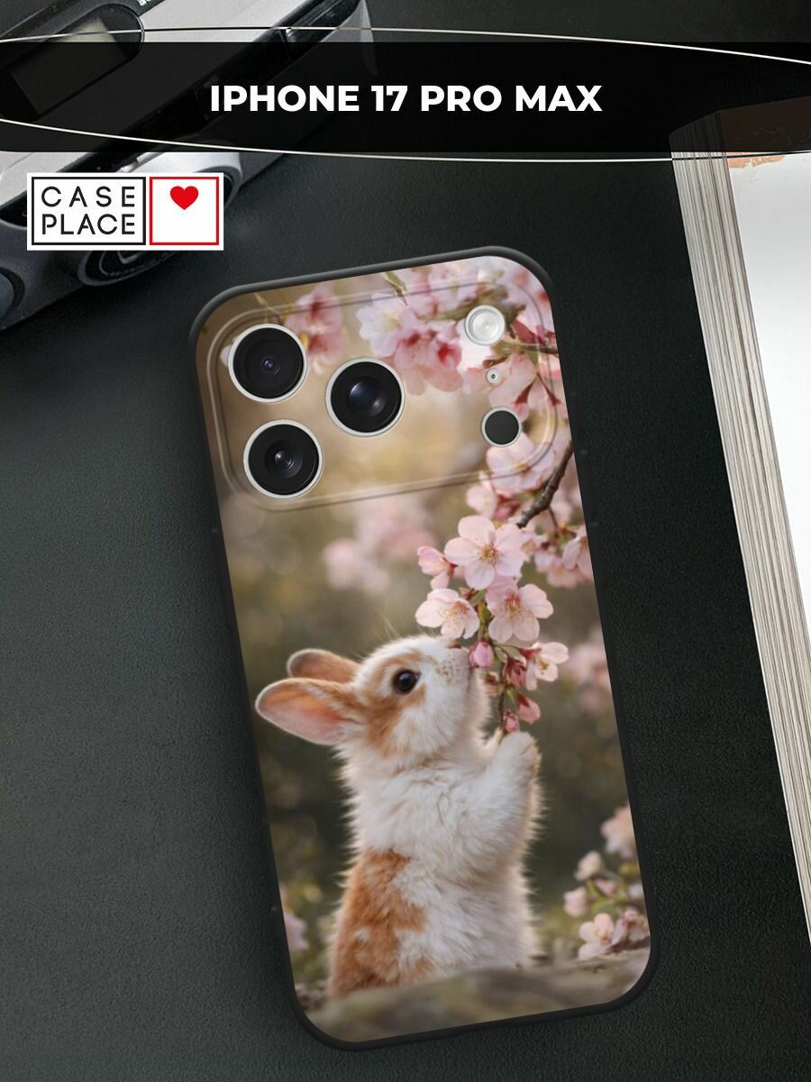 Черный матовый чехол на Apple iPhone 17 Pro Max / Айфон 17 Про Макс с принтом Зайчик с сакурой