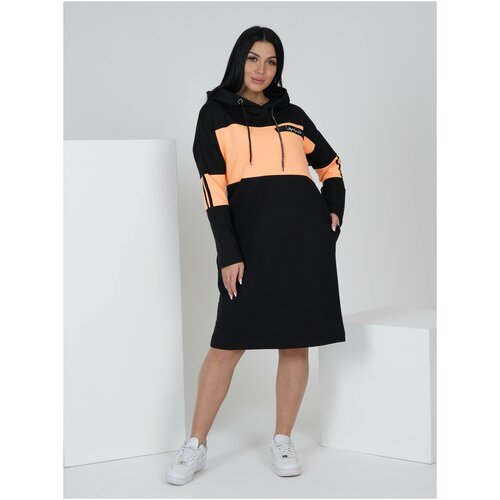 фото Платье-толстовка lovetex.store, в спортивном стиле, оверсайз, до колена, капюшон, карманы, размер 48, черный, оранжевый