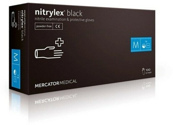 Перчатки нитриловые MERCATOR Medical Nitrylex PF, цвет: черный, размер M, 100 шт. (50 пар), 8 грамм пара нитрила