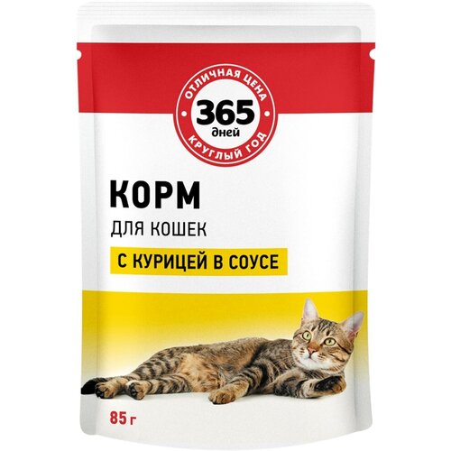 Корм консервированный для взрослых кошек 365 дней с курицей в соусе, 85 г - 100 шт.