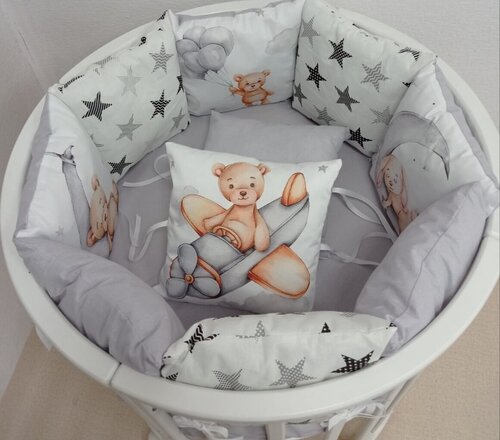 Постельное белье детское в кроватку и бортики защитные, для новорожденного комплект Мишка на луне