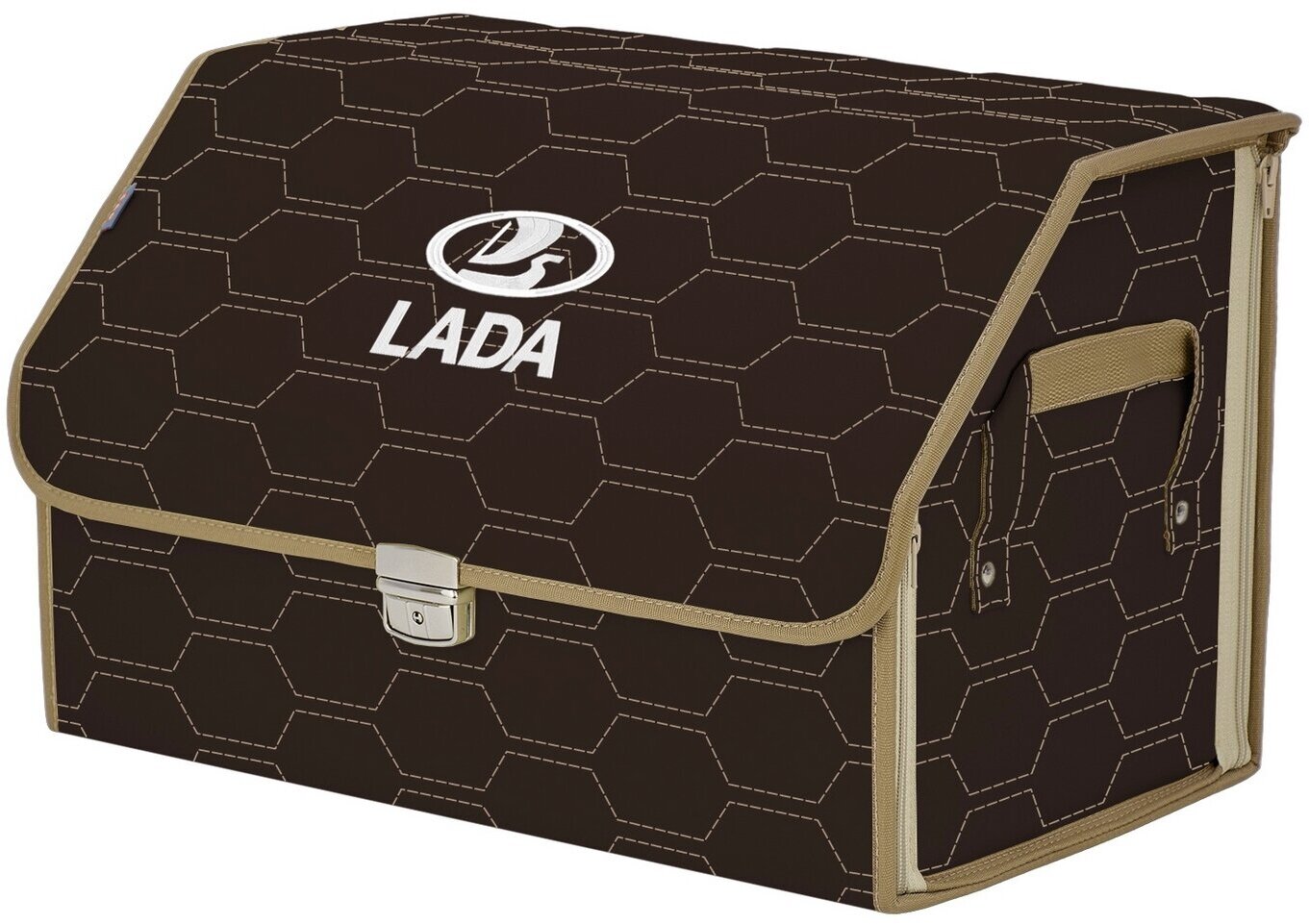 Органайзер-саквояж в багажник "Союз Премиум" (размер L). Цвет: коричневый с бежевой прострочкой Соты и вышивкой LADA (лада).