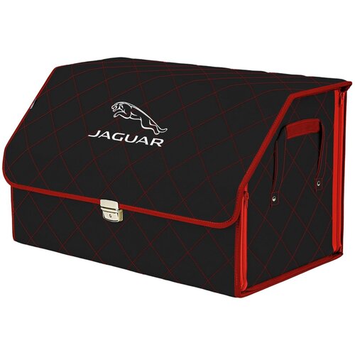 Органайзер-саквояж в багажник "Союз Премиум" (размер M). Цвет: черный с красной прострочкой Соты и вышивкой Jaguar (Ягуар).