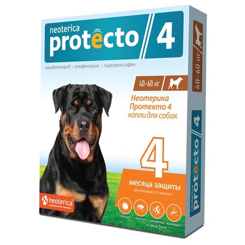 Neoterica раствор от блох и клещей Protecto 4 для щенков, собак, кошек, для домашних животных от 40 до 60 кг 2 шт. в уп., 1 уп.