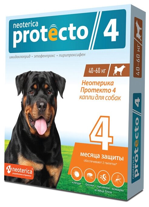 Neoterica раствор от блох и клещей Protecto 4 для щенков, собак, кошек, для домашних животных от 40 до 60 кг 2 шт. в уп., 1 уп.