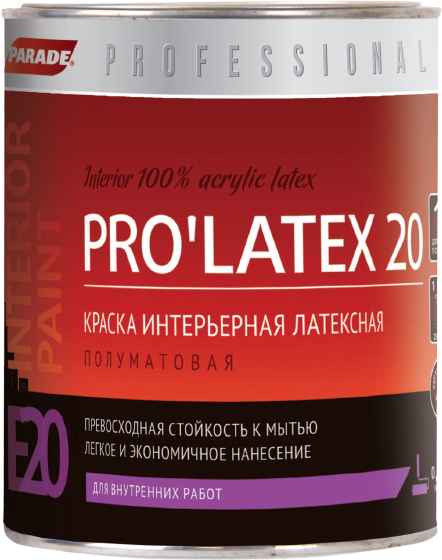 Краска Интерьерная Parade Professional E20 Prolatex 20 0.9л Латексная, Полуматовая, Белая / Парад Пролатекс 20.