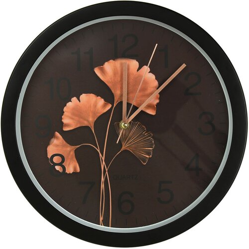 Часы настенные "Листья Гинкго" д32х4см, мягкий ход, циферблат фотопечать, пластик черный