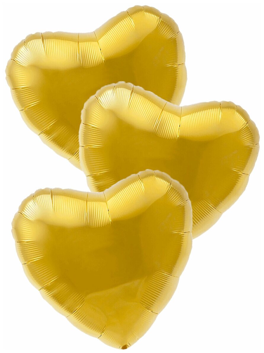 Воздушные шары фольгированные Agura Сердца, Металлик, Золотой, 46 см, набор 3 шт
