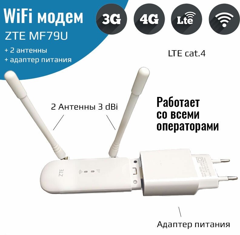 Мобильный интернет 3G/4G – ZTE MF79U с Wi-Fi + 2 антенны 3Дби