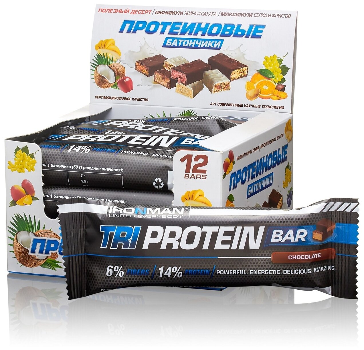 Россия "IRONMAN" Батончик (шоу-бокс 24 шт.) "TRI Protein Bar", 50 г (Шоколад/ тёмная глазурь)