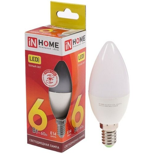 Лампа светодиодная IN HOME, С37, 6 Вт, Е14, 480 Лм, 3000 К, теплый белый 4407612