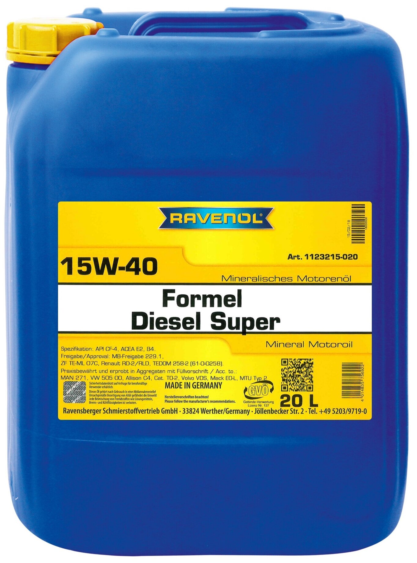Моторное масло RAVENOL Formel Diesel Super SAE 15W-40 (20л) new