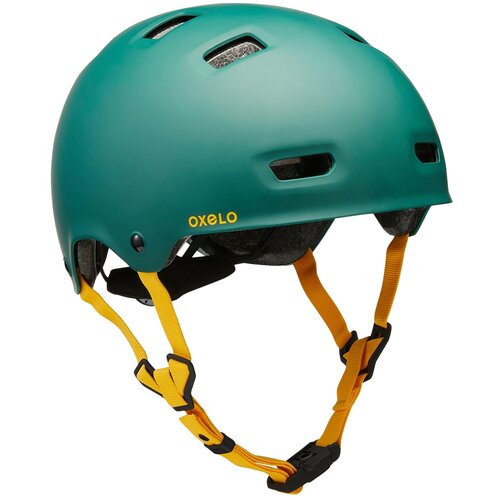 фото Шлем для катания на роликах, скейтборде, самокате mf540 urban green, размер: s/52-55, цвет: тёмно-еловый/оранжево-желтый oxelo х декатлон decathlon