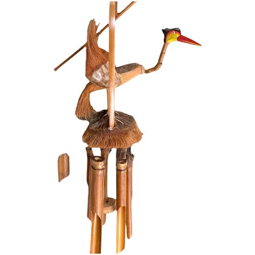 Подвесное украшение Музыка ветра Аист на кокосе 6 трубок Бамбук (Индонезия)