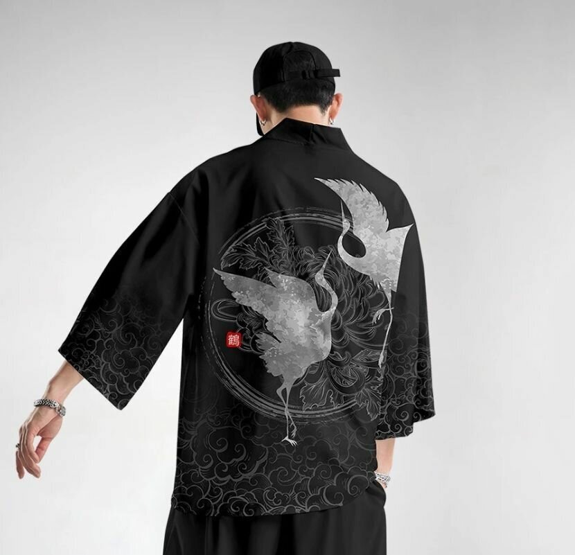 Кимоно Anet средней длины, укороченный рукав, размер универсальный, черный - фотография № 2
