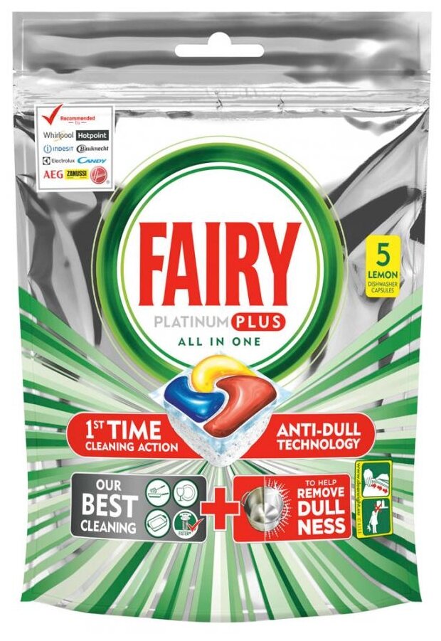 Капсулы для посудомоечной машины Fairy Platinum+ Все-в-Одном капсулы Лимон, 5 шт.