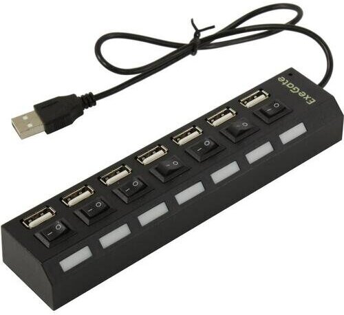 Концентратор Exegate 7-в-1 (кабель-адаптер USB2.0 --> 7xUSB2.0, кнопки включения/отключения для каждого порта, Plug&Play, черный) - фото №6