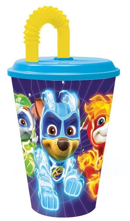 фото Стакан пластиковый с соломинкой и крышкой (спортивный, 430 мл). Щенячий патруль Могучие щенки