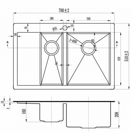 Интегрированная кухонная мойка 78х51см, ZorG Sanitary PVD 5178-2-R GRAFIT, графит