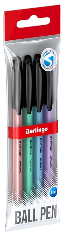 Ручки шариковые синие набор для школы 4 штуки/ комплект Berlingo "Instinct" тонкая ручка прорезиненым корпусом /линия письма 0,7 мм, smart ink (легкое, мягкое касание бумаги),/канцелярия для офиса