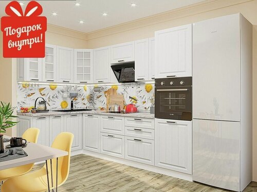 Изображение товара Кухня угловая Прага-03, Готовый угловой кухонный гарнитур без столешницы 2140*1600,2800*600 Белое дерево