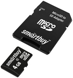 Карта памяти SmartBuy microSDHC Class 10 + SD adapter 4 GB, чтение: 30 MB/s, адаптер на SD