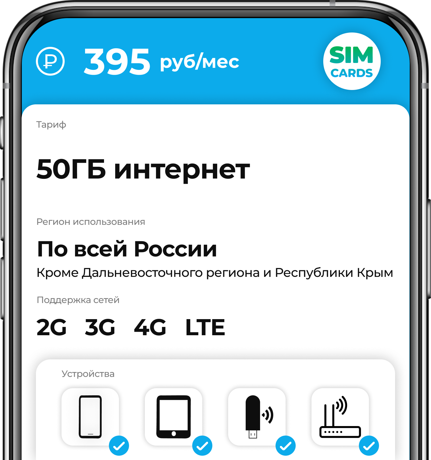 SIM-карта 50ГБ интернет за 395 руб/мес (2G3G4G) для смартфона роутера модема.